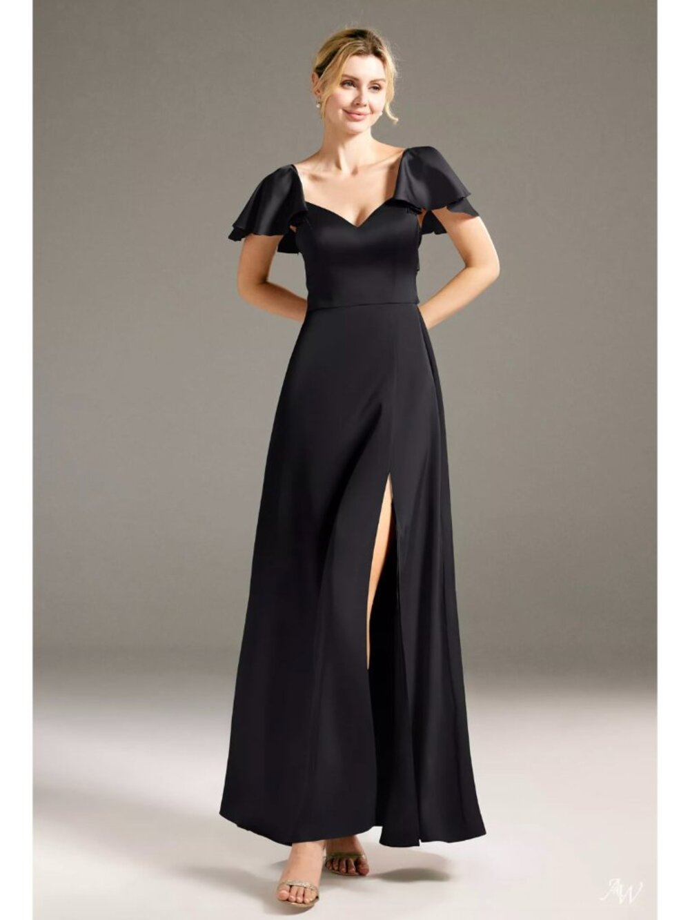AW Bridal Black Metallic Shiny Lotus Flutter Sleeve Twist Back Maxi Dress Gown